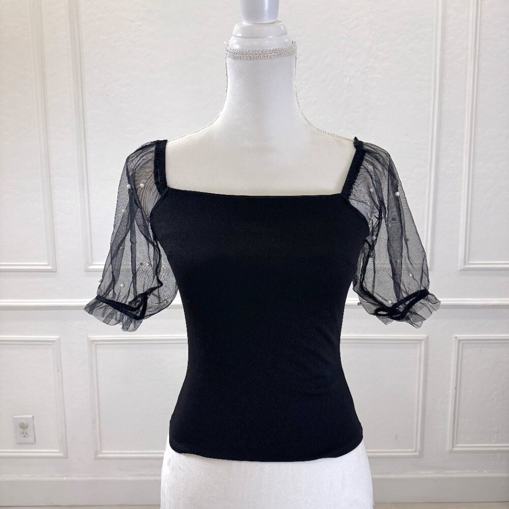 Thirty Thirty Black Square Neck Top Sheer Pearl Mesh Puff Sleeve Small NWT